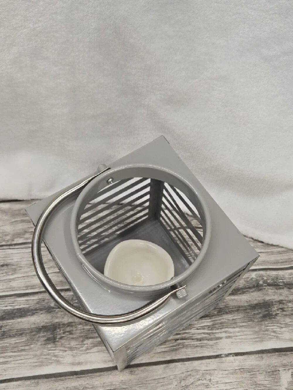 Gray Slatted Metal Lantern with Flameless Candle